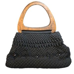 Vintage 80's Beaded Macrame Wood Handle Handbag Black Crocheted Bag